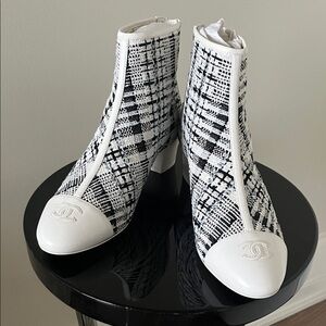 CHANEL Black and White Ankle Boots